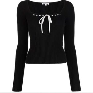 Reformation black knit top with white ribbon